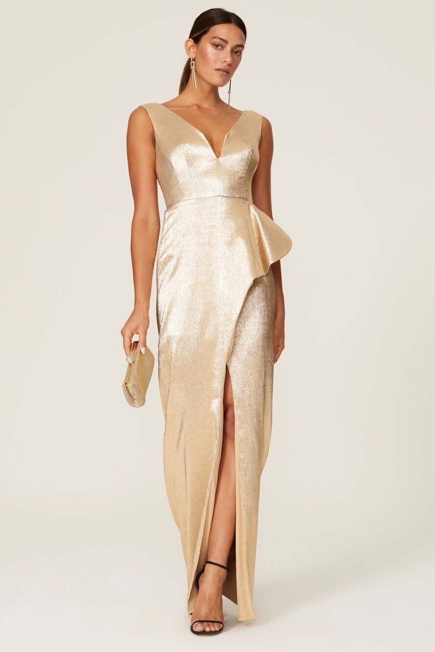 Black Halo Gold Hendricks Sleeveless V-Neck Metallic Cocktail Evening Gown 8